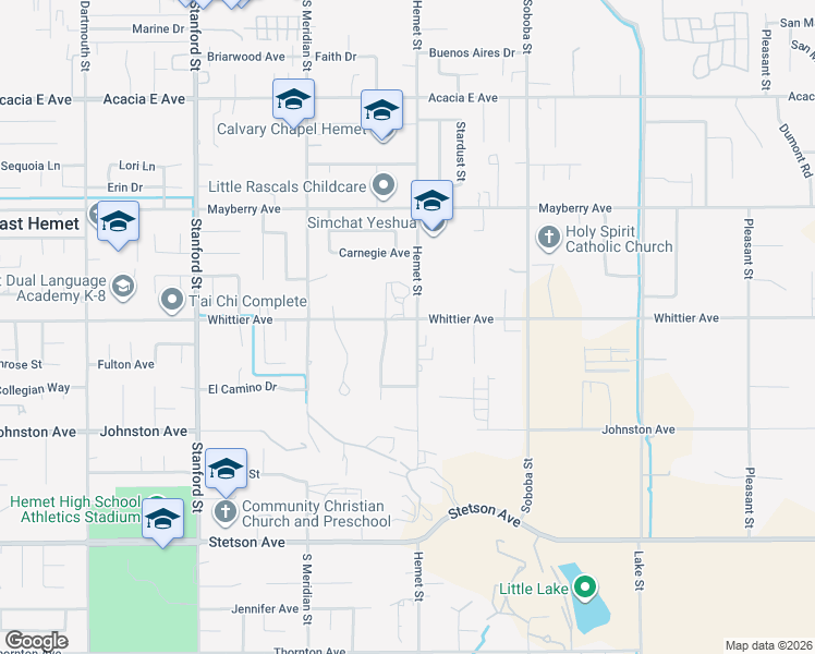 map of restaurants, bars, coffee shops, grocery stores, and more near 42269 East Whittier Avenue in Hemet