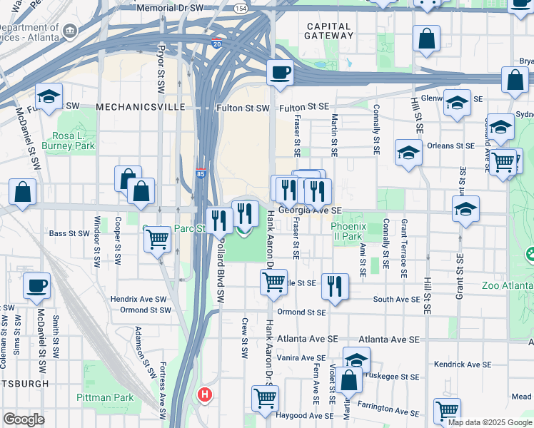 map of restaurants, bars, coffee shops, grocery stores, and more near 755 Hank Aaron Drive Southeast in Atlanta