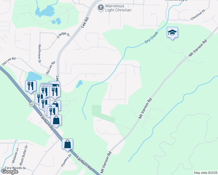 map of restaurants, bars, coffee shops, grocery stores, and more near 8999 Leaf Lane in Lithia Springs