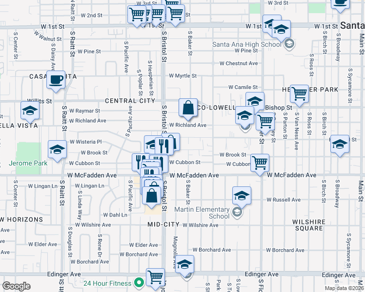 map of restaurants, bars, coffee shops, grocery stores, and more near 1213 West Brook Street in Santa Ana