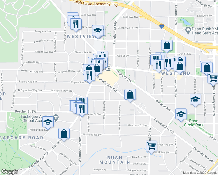 map of restaurants, bars, coffee shops, grocery stores, and more near 1390 Donnelly Avenue Southwest in Atlanta