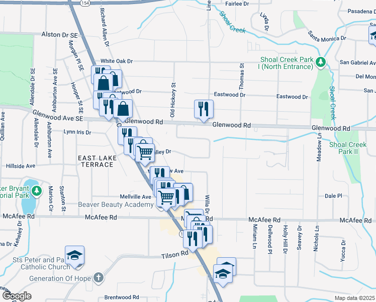 map of restaurants, bars, coffee shops, grocery stores, and more near 2638 Glenvalley Drive in Decatur