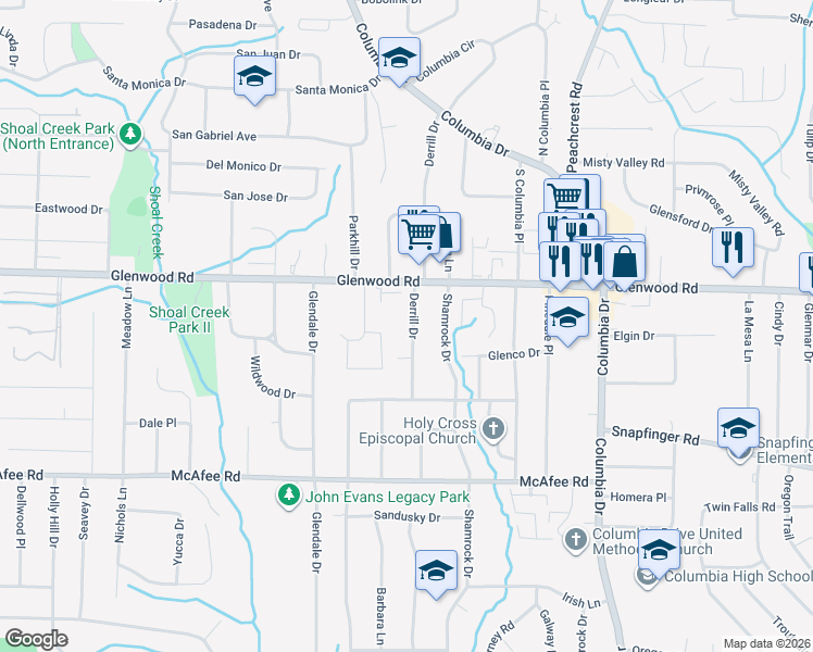 map of restaurants, bars, coffee shops, grocery stores, and more near 1863 Derrill Drive in Decatur
