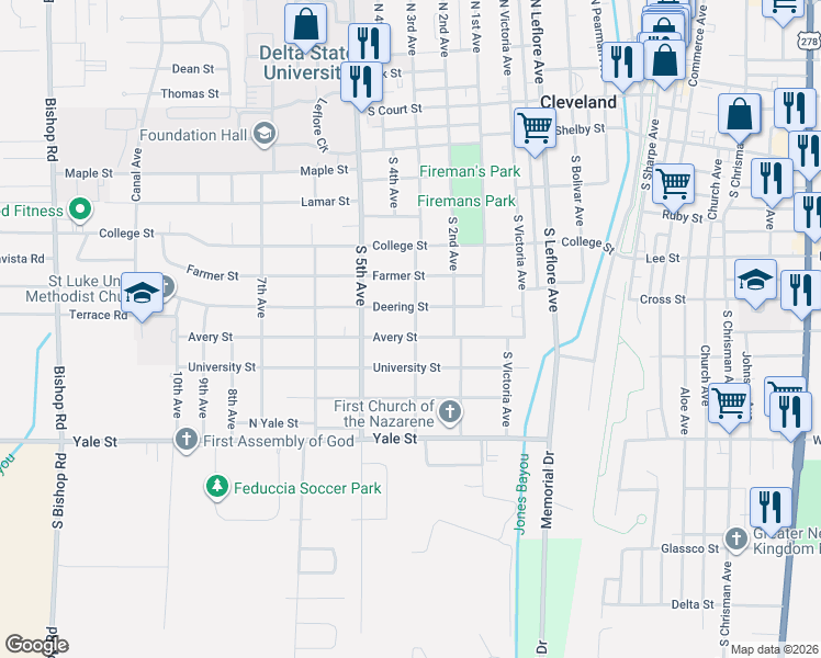 map of restaurants, bars, coffee shops, grocery stores, and more near 800 Avery Street in Cleveland
