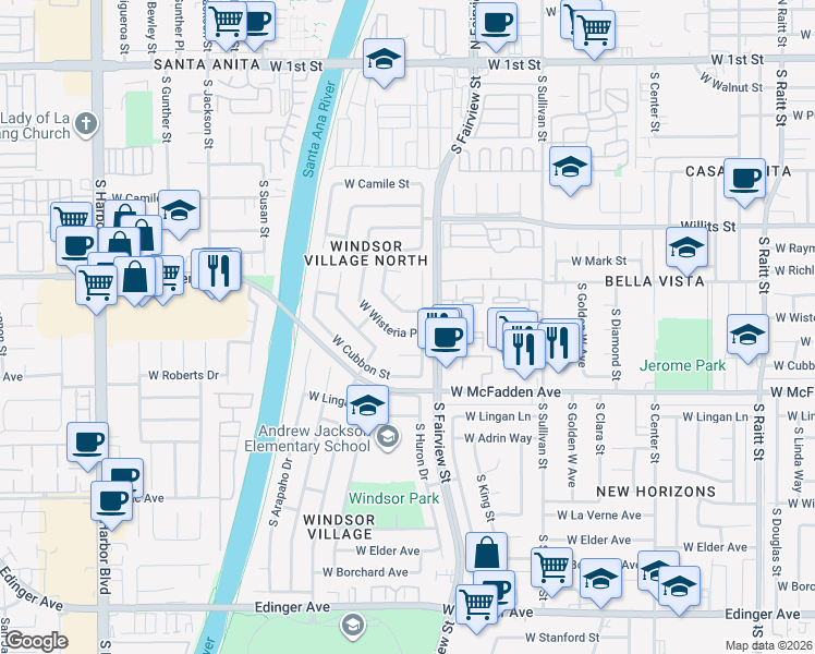 map of restaurants, bars, coffee shops, grocery stores, and more near 2801 West Wisteria Place in Santa Ana