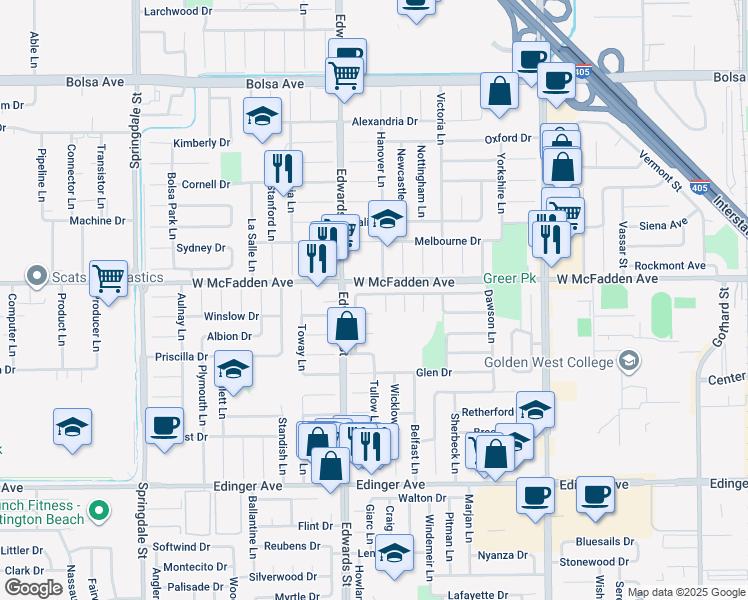 map of restaurants, bars, coffee shops, grocery stores, and more near 15551 Wild Cherry Circle in Huntington Beach