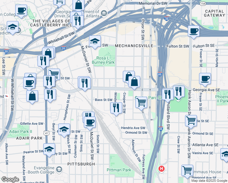 map of restaurants, bars, coffee shops, grocery stores, and more near 665 Windsor St SW in Atlanta