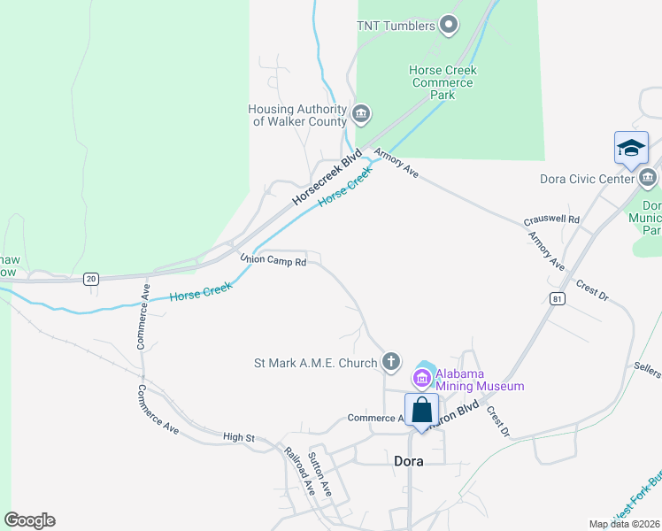 map of restaurants, bars, coffee shops, grocery stores, and more near 466 Union Camp Road in Dora