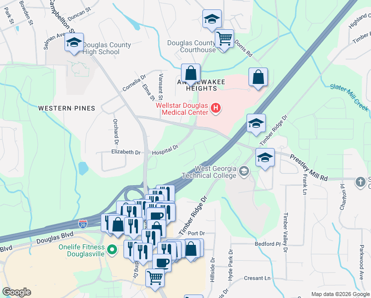 map of restaurants, bars, coffee shops, grocery stores, and more near 6174 Field Stone Drive in Douglasville