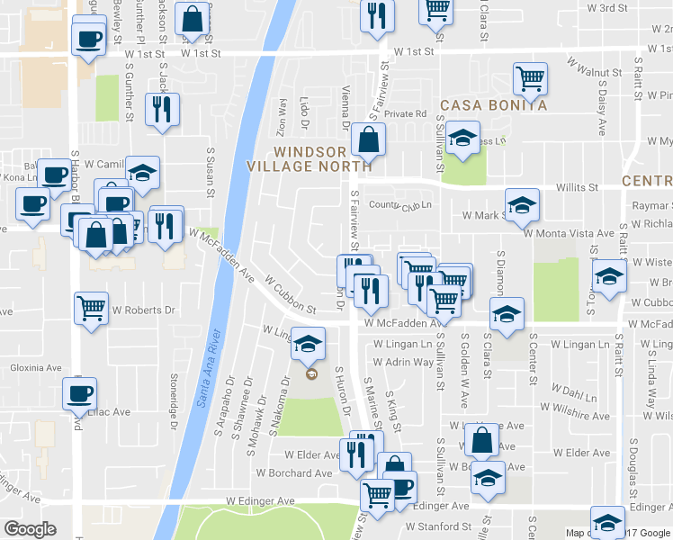 map of restaurants, bars, coffee shops, grocery stores, and more near 2801 West Wisteria Place in Santa Ana