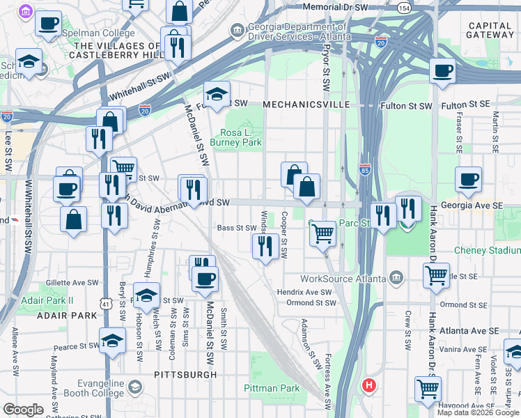 map of restaurants, bars, coffee shops, grocery stores, and more near 678 Garibaldi Street Southwest in Atlanta