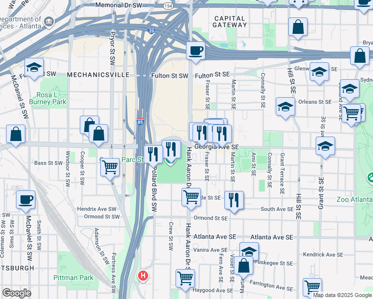 map of restaurants, bars, coffee shops, grocery stores, and more near 755 Hank Aaron Drive Southwest in Atlanta