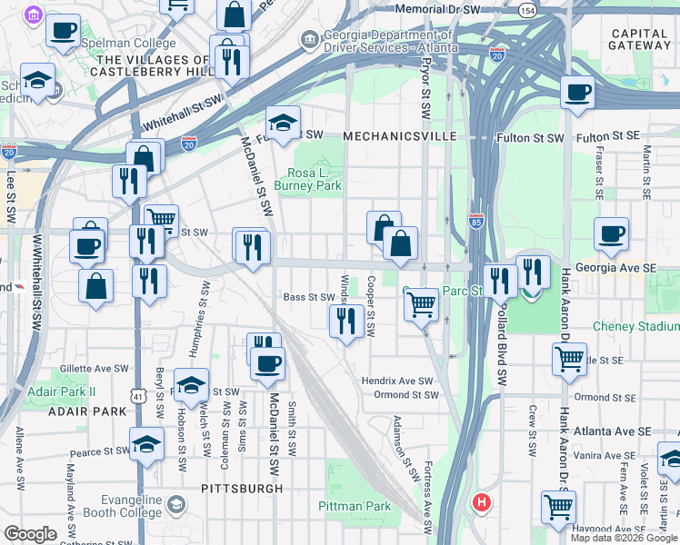 map of restaurants, bars, coffee shops, grocery stores, and more near 678 Garibaldi Street Southwest in Atlanta