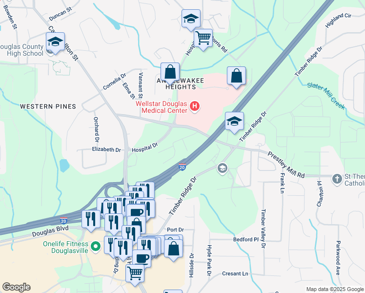 map of restaurants, bars, coffee shops, grocery stores, and more near 6104 Cobblestone Court in Douglasville