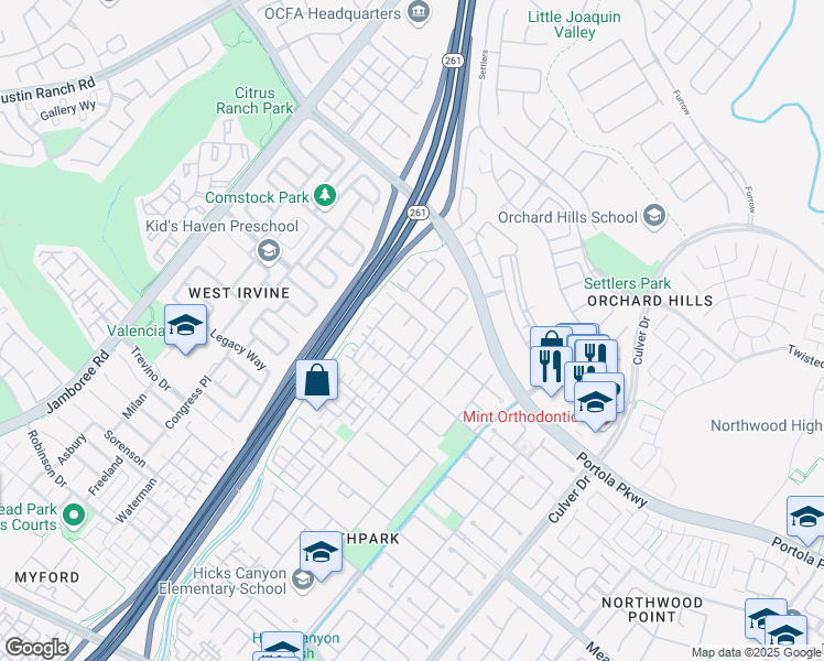 map of restaurants, bars, coffee shops, grocery stores, and more near 180 Hayward in Irvine