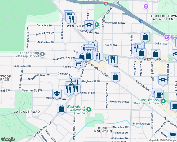map of restaurants, bars, coffee shops, grocery stores, and more near 1446 Oglethorpe Avenue Southwest in Atlanta