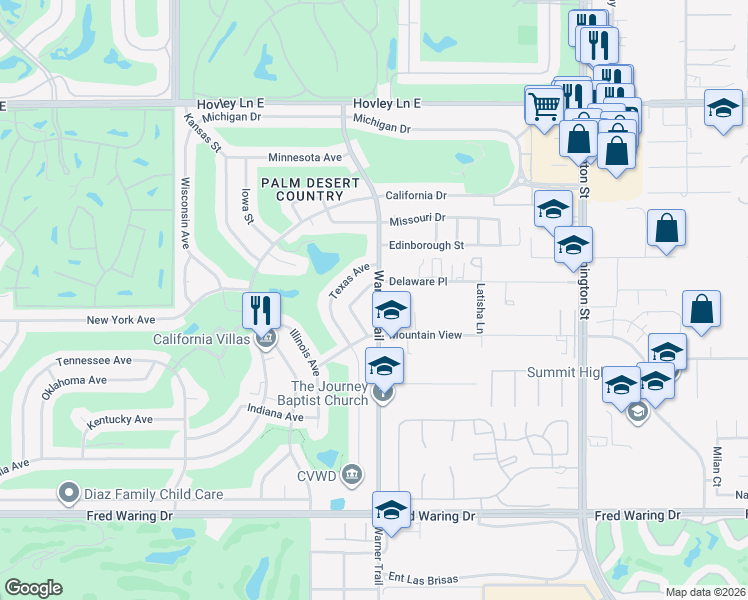 map of restaurants, bars, coffee shops, grocery stores, and more near 42985 Warner Trail in Palm Desert