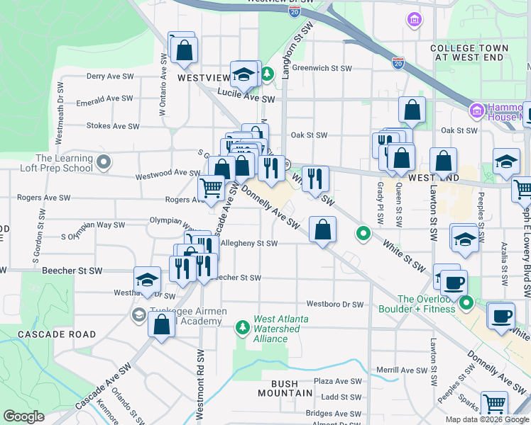 map of restaurants, bars, coffee shops, grocery stores, and more near 1402 Oglethorpe Avenue Southwest in Atlanta