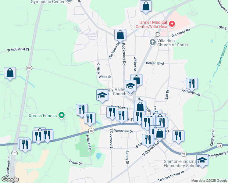 map of restaurants, bars, coffee shops, grocery stores, and more near 74 North Dogwood Street in Villa Rica