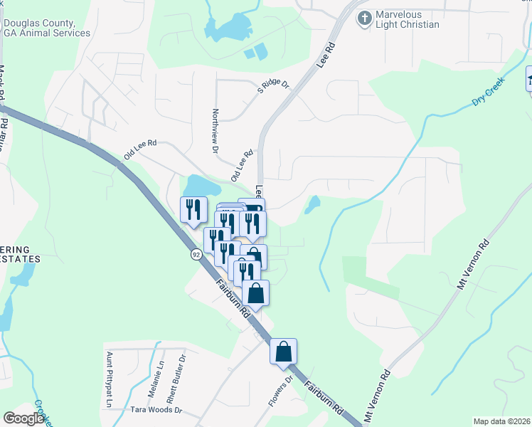 map of restaurants, bars, coffee shops, grocery stores, and more near 2725 Forrester Court in Lithia Springs