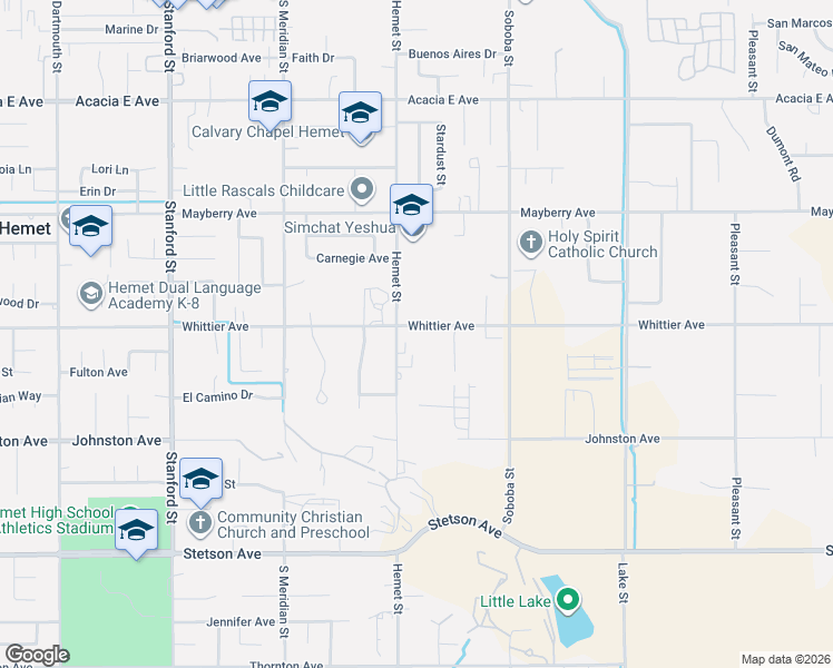 map of restaurants, bars, coffee shops, grocery stores, and more near 42325 Whittier Avenue in Hemet