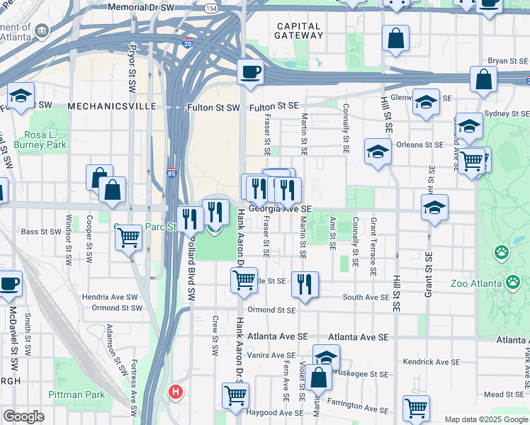 map of restaurants, bars, coffee shops, grocery stores, and more near 29 Georgia Avenue Southeast in Atlanta