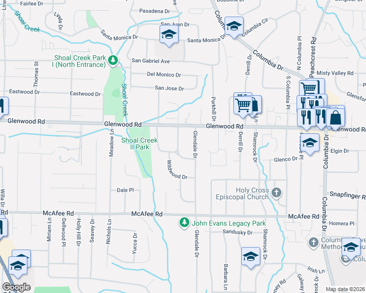 map of restaurants, bars, coffee shops, grocery stores, and more near 1867 Glendale Drive in Decatur