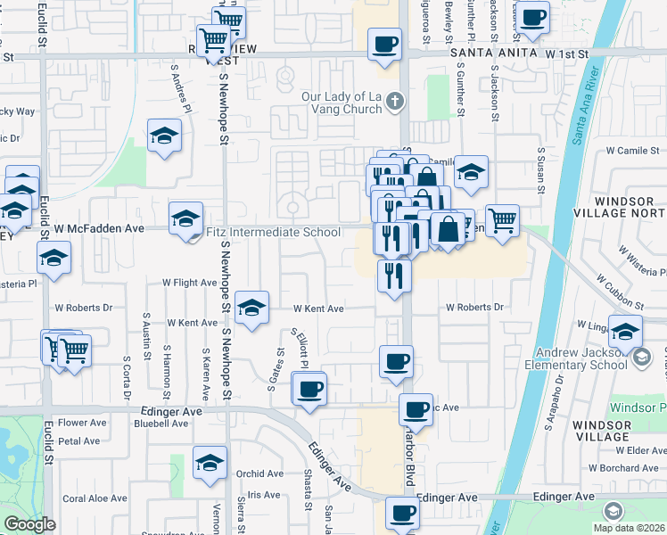map of restaurants, bars, coffee shops, grocery stores, and more near 4529 West Flight Avenue in Santa Ana