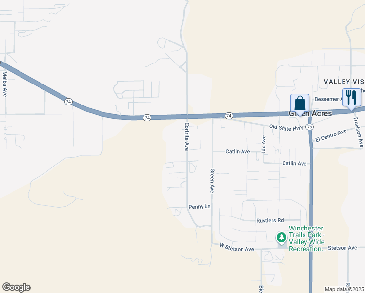 map of restaurants, bars, coffee shops, grocery stores, and more near 26471 Cortrite Avenue in Hemet