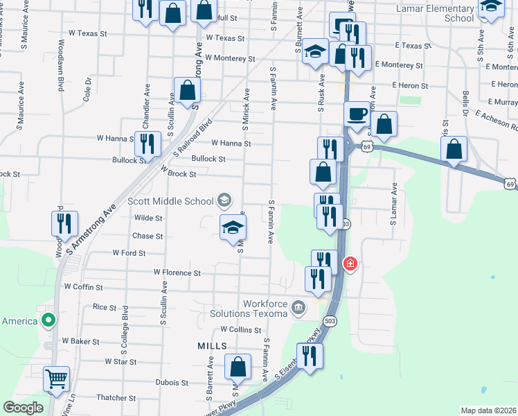 map of restaurants, bars, coffee shops, grocery stores, and more near 508 West Burrell Street in Denison