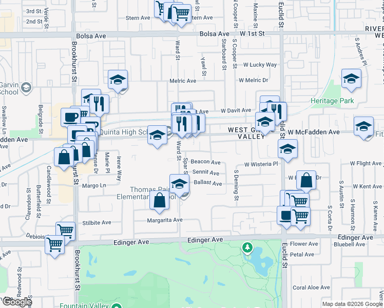 map of restaurants, bars, coffee shops, grocery stores, and more near 10562 Kedge Avenue in Garden Grove