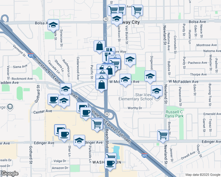 map of restaurants, bars, coffee shops, grocery stores, and more near 15550 Beach Boulevard in Westminster