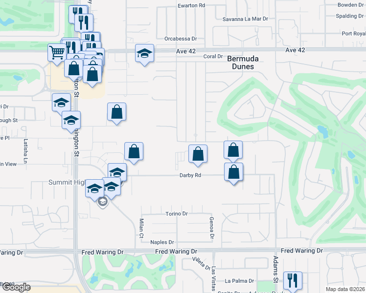 map of restaurants, bars, coffee shops, grocery stores, and more near 78545 Starlight Lane in Bermuda Dunes