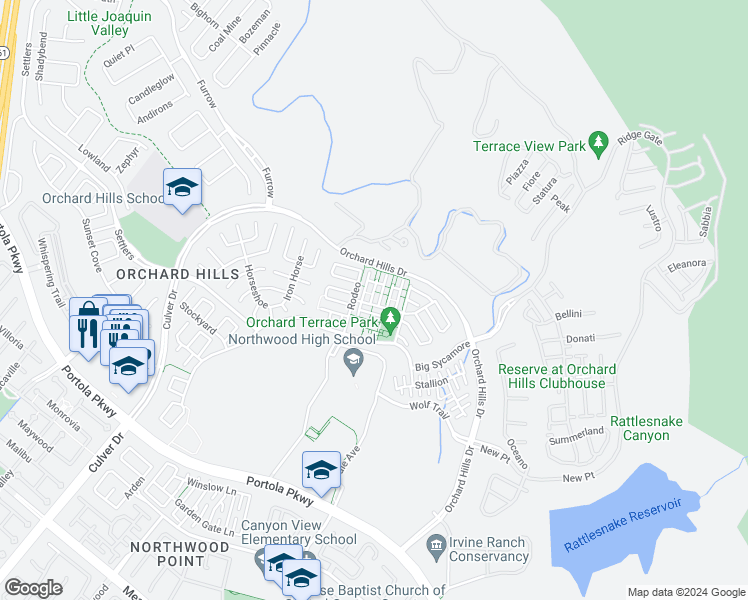 map of restaurants, bars, coffee shops, grocery stores, and more near 102 Hayseed in Irvine