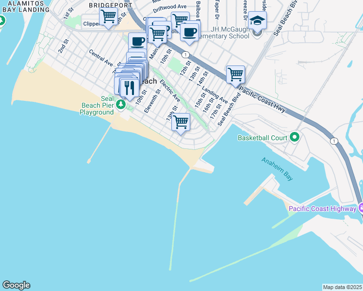 map of restaurants, bars, coffee shops, grocery stores, and more near 1513 East Seal Way in Seal Beach