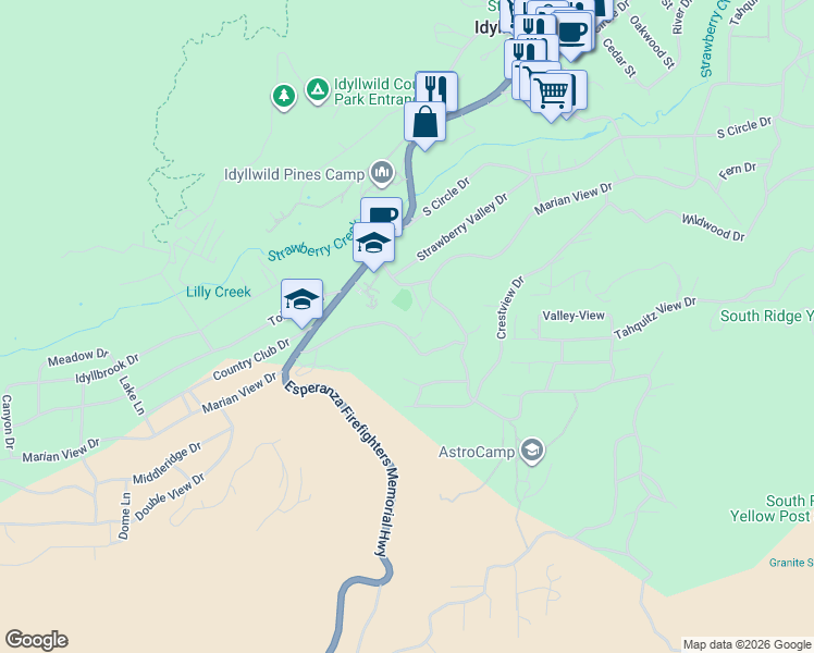 map of restaurants, bars, coffee shops, grocery stores, and more near 53962 Marian View Drive in Idyllwild-Pine Cove