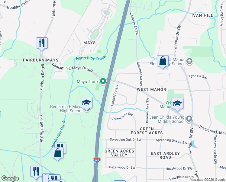 map of restaurants, bars, coffee shops, grocery stores, and more near 3614 Lynfield Drive Southwest in Atlanta