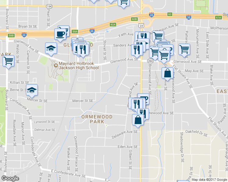 map of restaurants, bars, coffee shops, grocery stores, and more near 1046 Berne Street Southeast in Atlanta