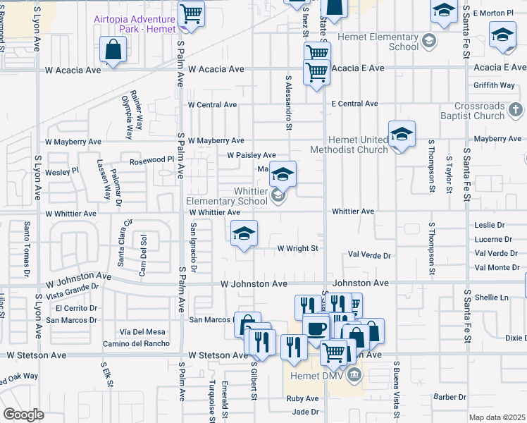 map of restaurants, bars, coffee shops, grocery stores, and more near 400 West Whittier Avenue in Hemet