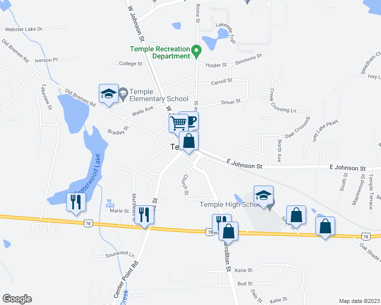 map of restaurants, bars, coffee shops, grocery stores, and more near 307 Sage Street in Temple