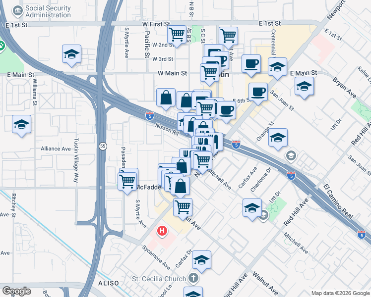 map of restaurants, bars, coffee shops, grocery stores, and more near 15601 South B Street in Tustin