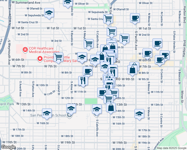 map of restaurants, bars, coffee shops, grocery stores, and more near 829 West 8th Street in Los Angeles