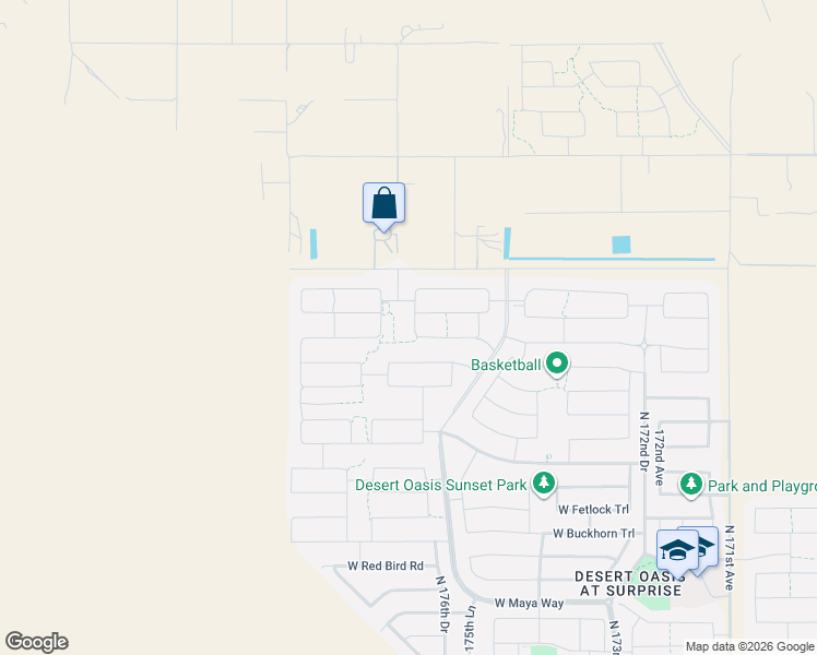 map of restaurants, bars, coffee shops, grocery stores, and more near 17559 West Blue Sky Drive in Surprise