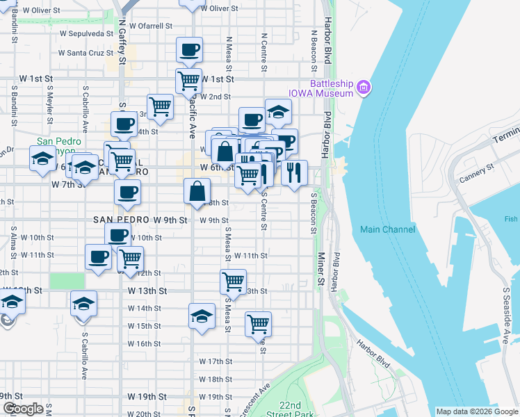 map of restaurants, bars, coffee shops, grocery stores, and more near 811 South Centre Street in Los Angeles