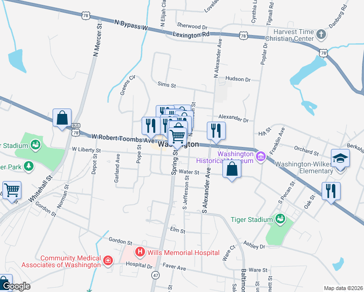 map of restaurants, bars, coffee shops, grocery stores, and more near 115 North Spring Street in Washington