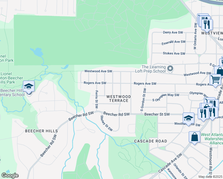map of restaurants, bars, coffee shops, grocery stores, and more near 679 Montevista Street Southwest in Atlanta