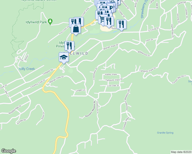 map of restaurants, bars, coffee shops, grocery stores, and more near 26550 Crestview Drive in Idyllwild-Pine Cove
