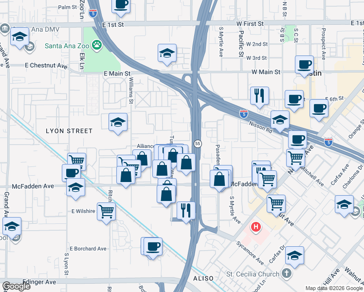 map of restaurants, bars, coffee shops, grocery stores, and more near 15610 Tustin Village Way in Tustin