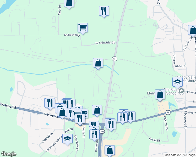 map of restaurants, bars, coffee shops, grocery stores, and more near 100 Leggett Drive in Villa Rica