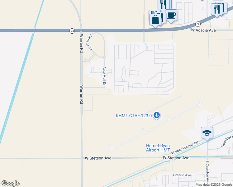map of restaurants, bars, coffee shops, grocery stores, and more near 5001 West Florida Avenue in Hemet